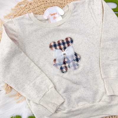 Conj. Blusa em Linho Ursinho com Laço e Short Saia Xadrez - Areia e Marrom